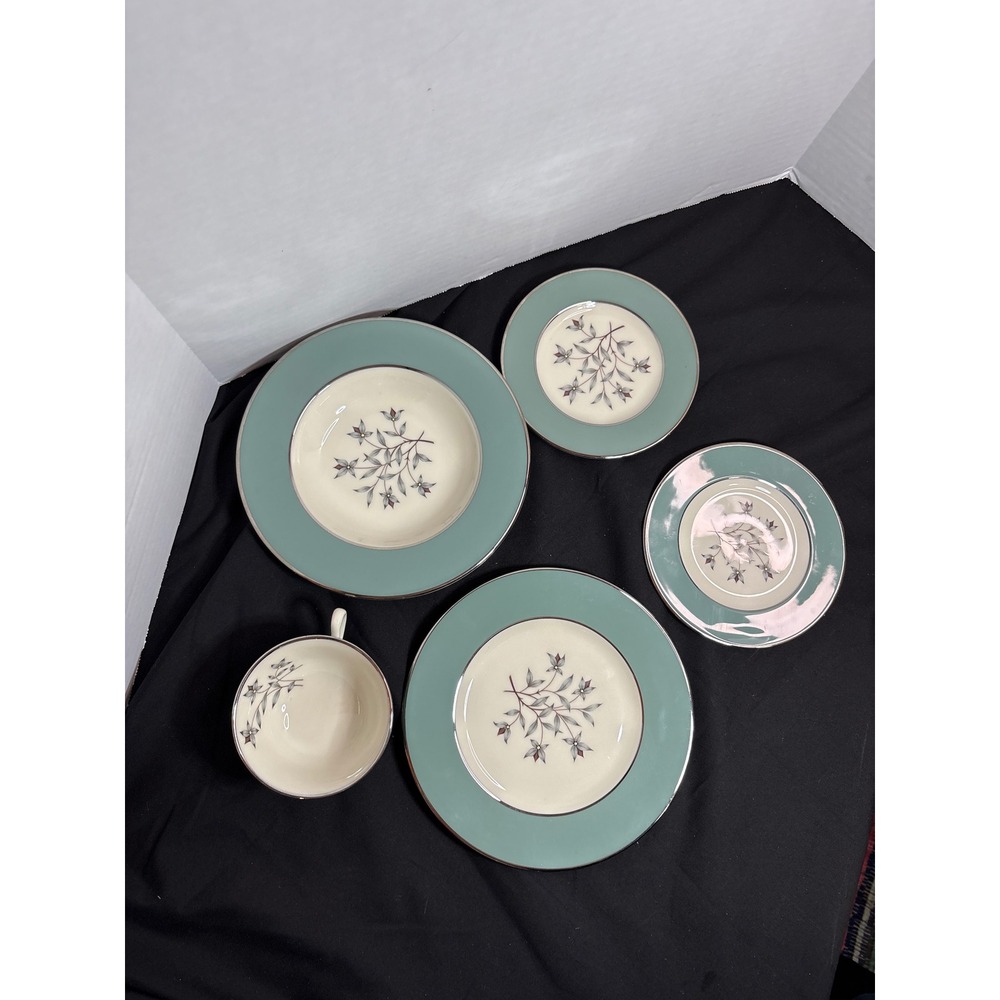 Lenox Kingsley Dinnerware‎ Set 5 Piece  Aqua Blue Floral USA